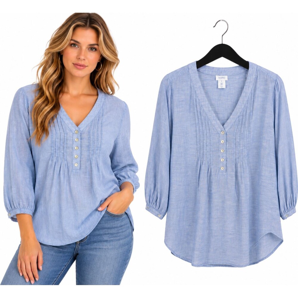 Sigrid Olsen Pintuck Tunic Blouse Size 1X V Neck 3/4 Sleeve Coastal Blue Linen